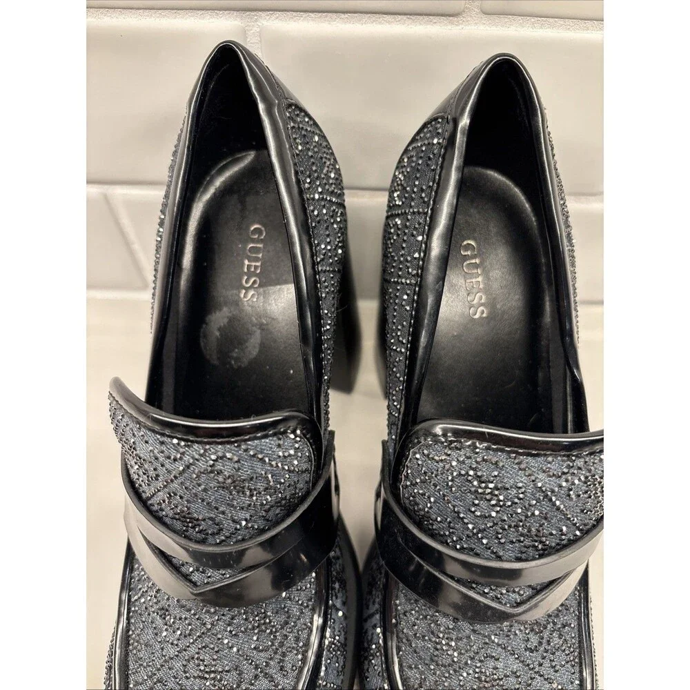 GUESS‎ Women’s Heeled Sparkly Chunky Loafer Size 9M Y2K Vibe EUC Black Glitter